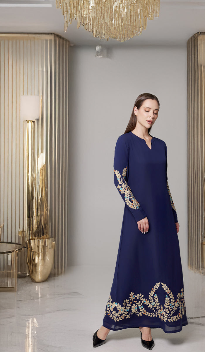 Meraj Gold Embellished Modest Long Maxi Dress - Sapphire