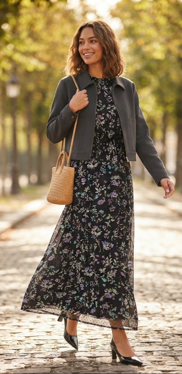 A woman walking on a tree-lined cobblestone path wearing a black floral maxi dress, a dark gray cropped jacket, black pointed-toe heels, and carrying a woven straw shoulder bag.