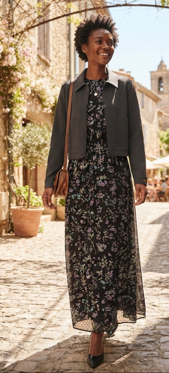 A woman walking down a sunlit cobblestone street wearing a black floral midi dress with a dark gray cropped jacket, a brown shoulder bag, and black pointed shoes.