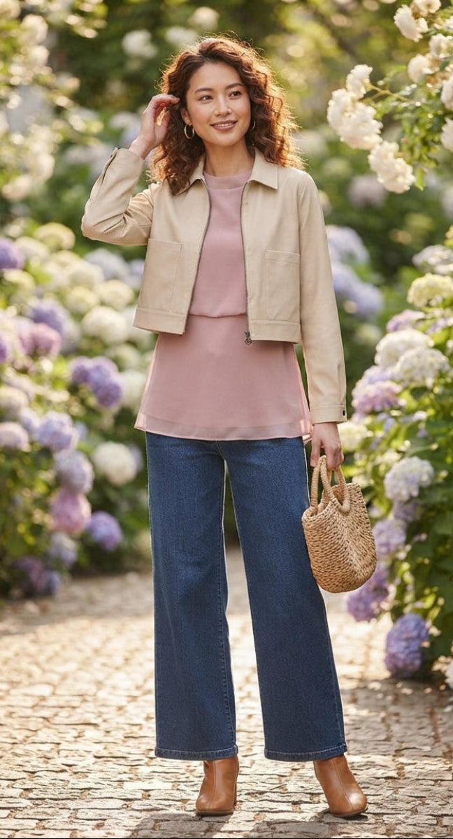 A woman stands on a cobblestone path surrounded by lush greenery and white and purple hydrangeas, wearing a beige cropped jacket over a dusty pink top, blue wide-leg jeans, and brown ankle boots, while holding a woven straw handbag.