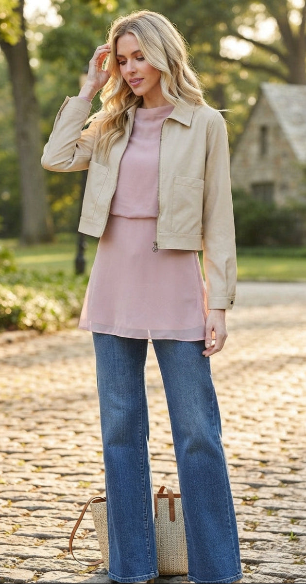 A woman stands on a cobblestone path outdoors wearing a light beige cropped jacket over a dusty pink long-sleeve top and blue wide-leg jeans, with a woven straw bag at her side.