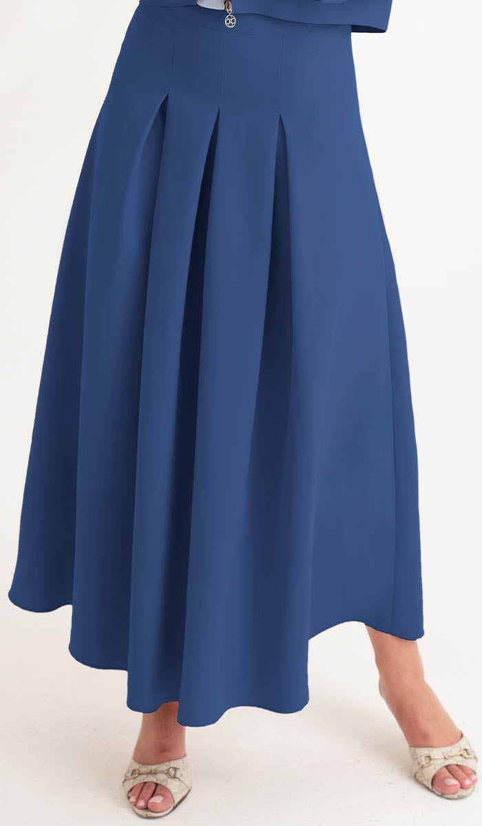 Blue skirt worn by a person on a white background