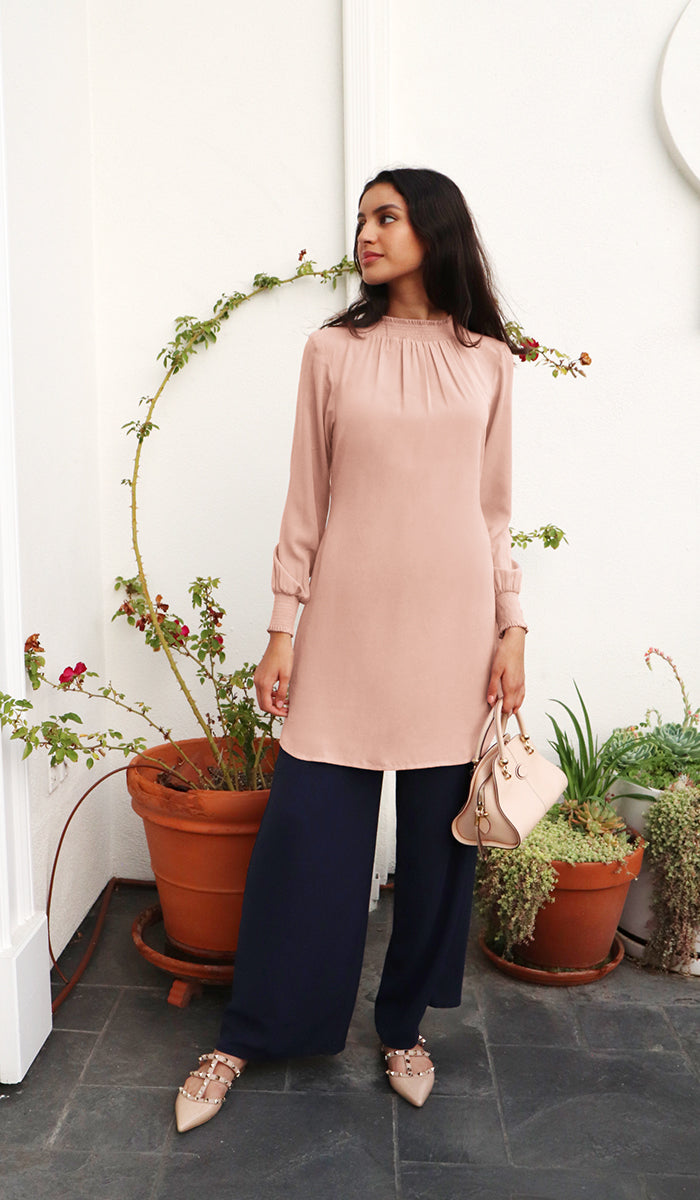 Mishal Essential Long Smocked Modest Tunic - Blush