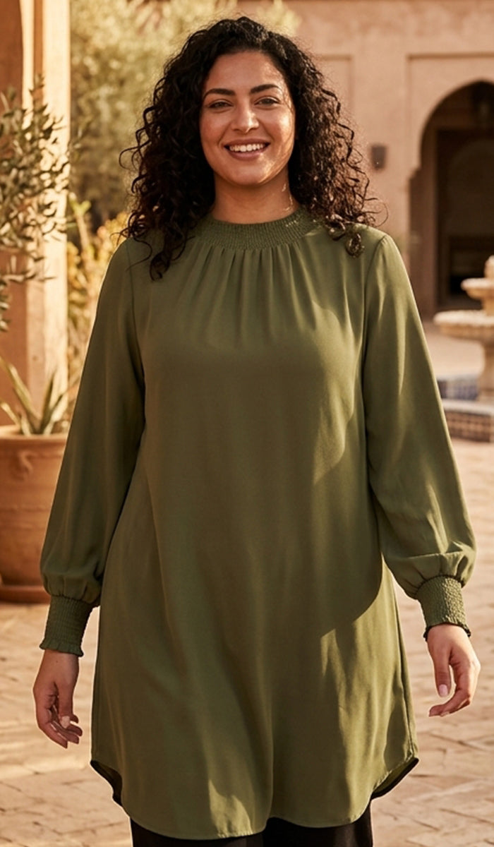Tunique modeste longue smockée Mishal Essential - Rose corail - PRÉCOMMANDE (expédiée dans 2 semaines)