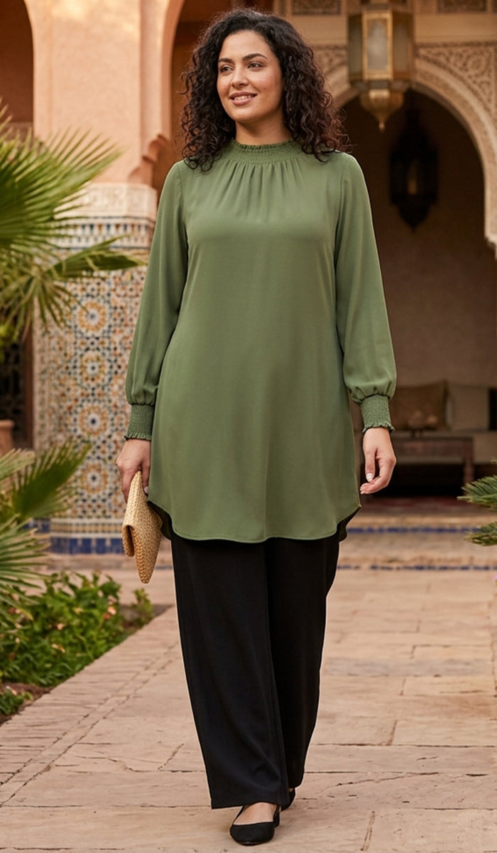 Tunique modeste longue smockée Mishal Essential - Rose corail - PRÉCOMMANDE (expédiée dans 2 semaines)