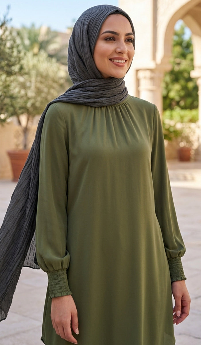Tunique modeste longue smockée Mishal Essential - Rose corail - PRÉCOMMANDE (expédiée dans 2 semaines)