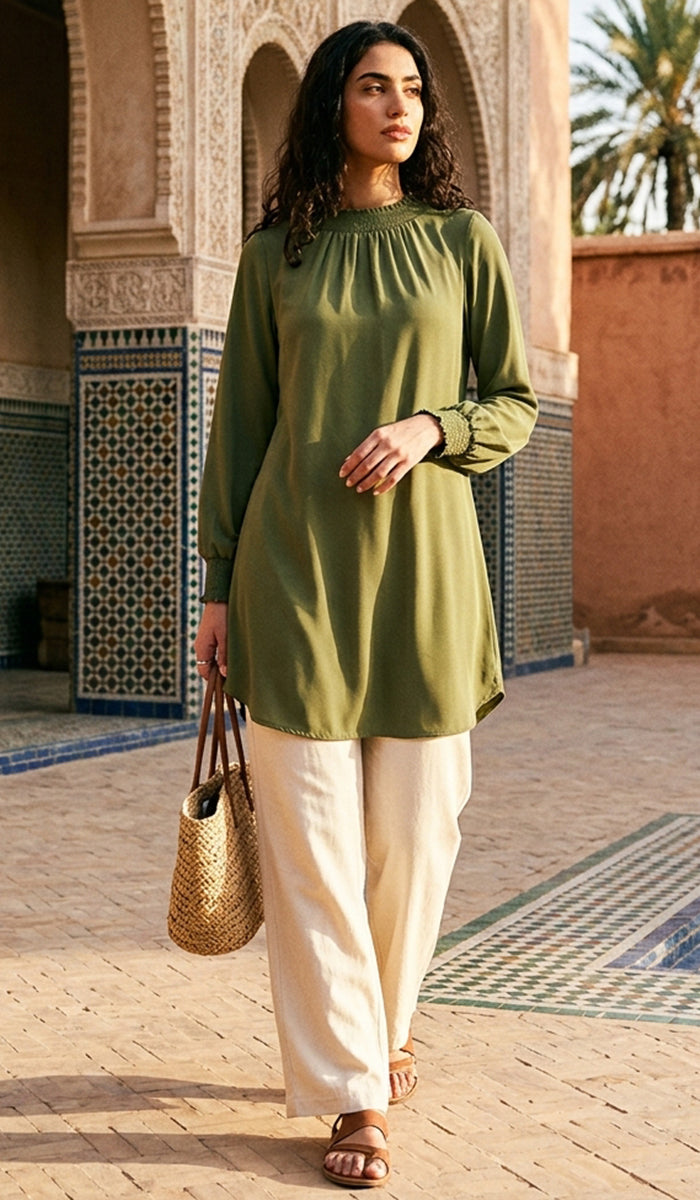 Tunique modeste longue smockée Mishal Essential - Rose corail - PRÉCOMMANDE (expédiée dans 2 semaines)