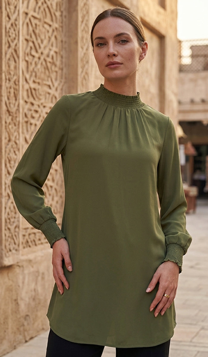 Tunique modeste longue smockée Mishal Essential - Rose corail - PRÉCOMMANDE (expédiée dans 2 semaines)