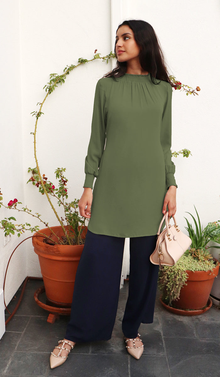 Tunique modeste longue smockée Mishal Essential - Rose corail - PRÉCOMMANDE (expédiée dans 2 semaines)
