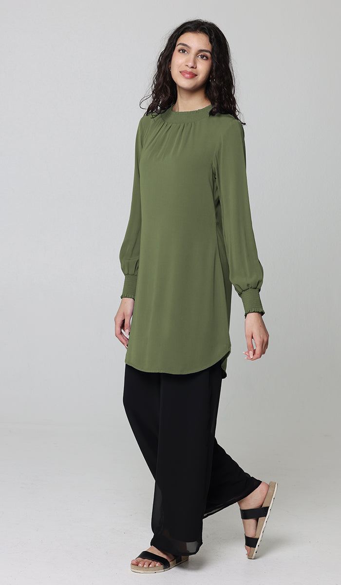 Tunique modeste longue smockée Mishal Essential - Rose corail - PRÉCOMMANDE (expédiée dans 2 semaines)