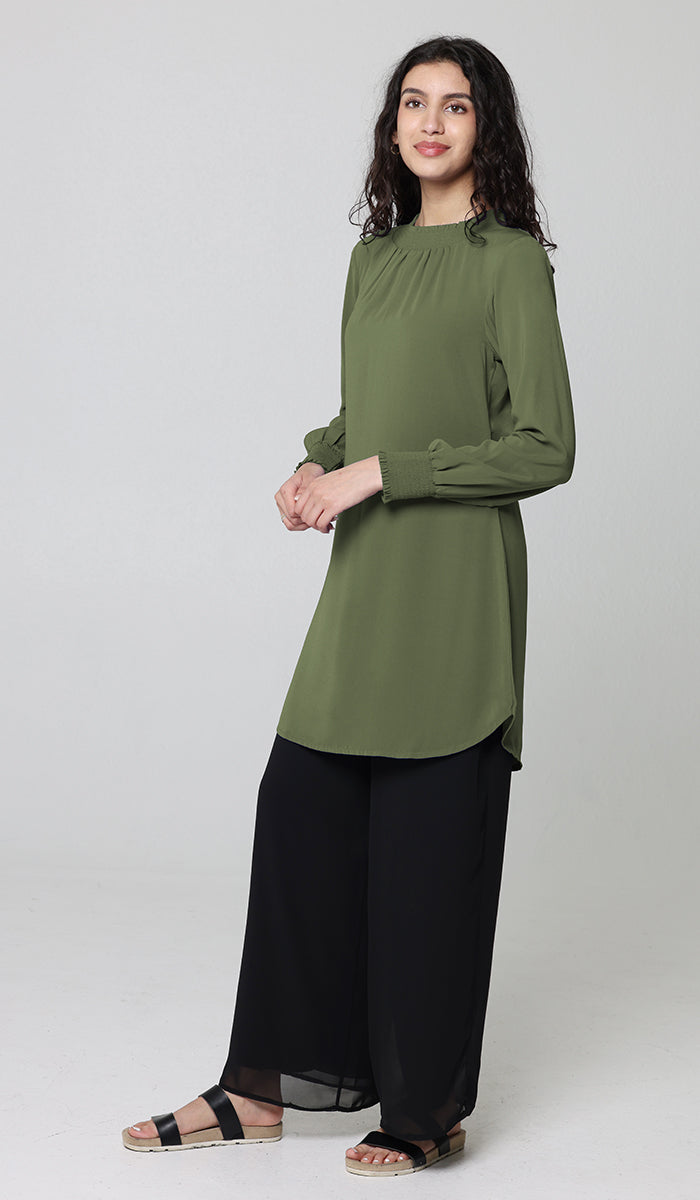 Tunique modeste longue smockée Mishal Essential - Rose corail - PRÉCOMMANDE (expédiée dans 2 semaines)