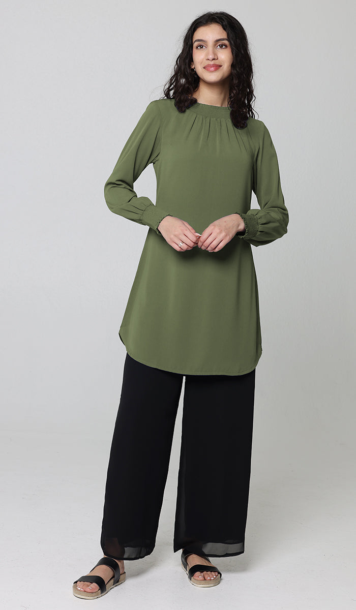 Tunique modeste longue smockée Mishal Essential - Rose corail - PRÉCOMMANDE (expédiée dans 2 semaines)