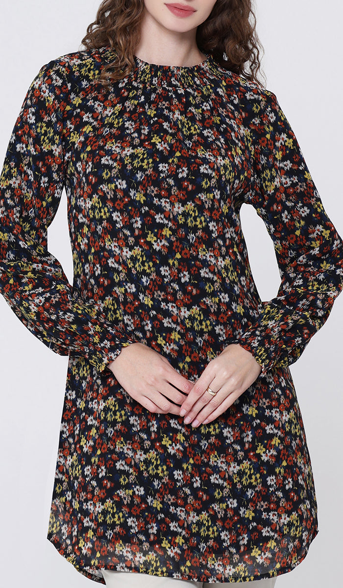 Tunique modeste longue smockée Mishal Essential - Noir