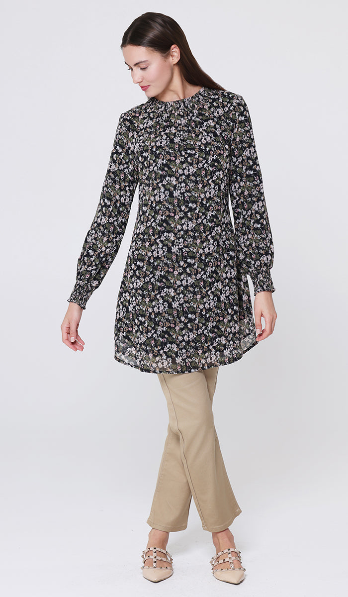 Tunique modeste longue smockée Mishal Essential - Noir