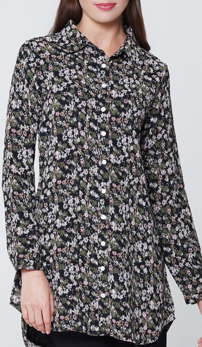 Marwa Chiffon Print Long Button down Shirt - Floral Morn - PREORDER (ships in 2 weeks)