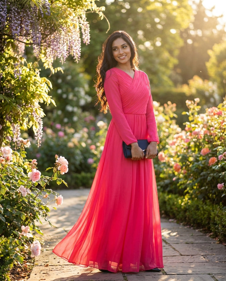 Saba Long Sleeve Silk Chiffon Modest Muslim Formal Evening Dress - Coral Pink - FINAL SALE