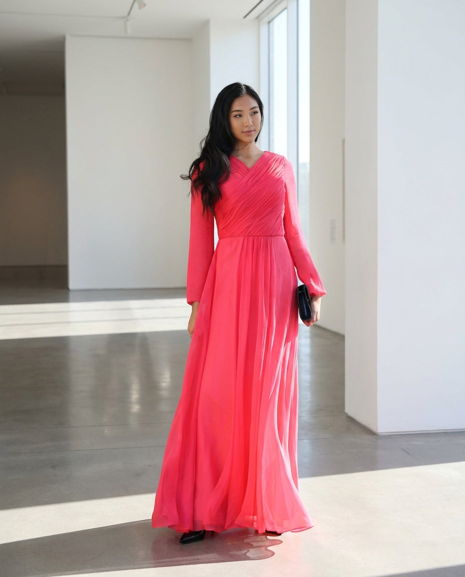 Saba Long Sleeve Silk Chiffon Modest Muslim Formal Evening Dress - Coral Pink - FINAL SALE
