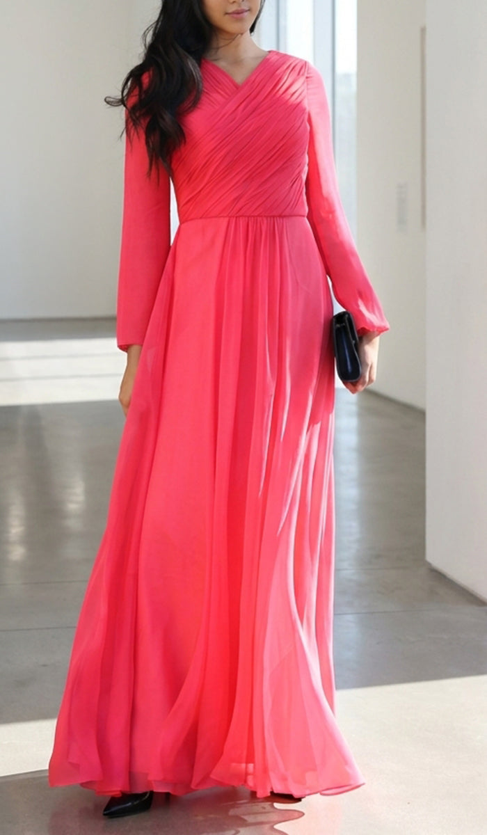 Saba Long Sleeve Silk Chiffon Modest Muslim Formal Evening Dress - Coral Pink - FINAL SALE