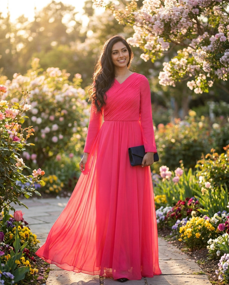 Saba Long Sleeve Silk Chiffon Modest Muslim Formal Evening Dress - Coral Pink - FINAL SALE