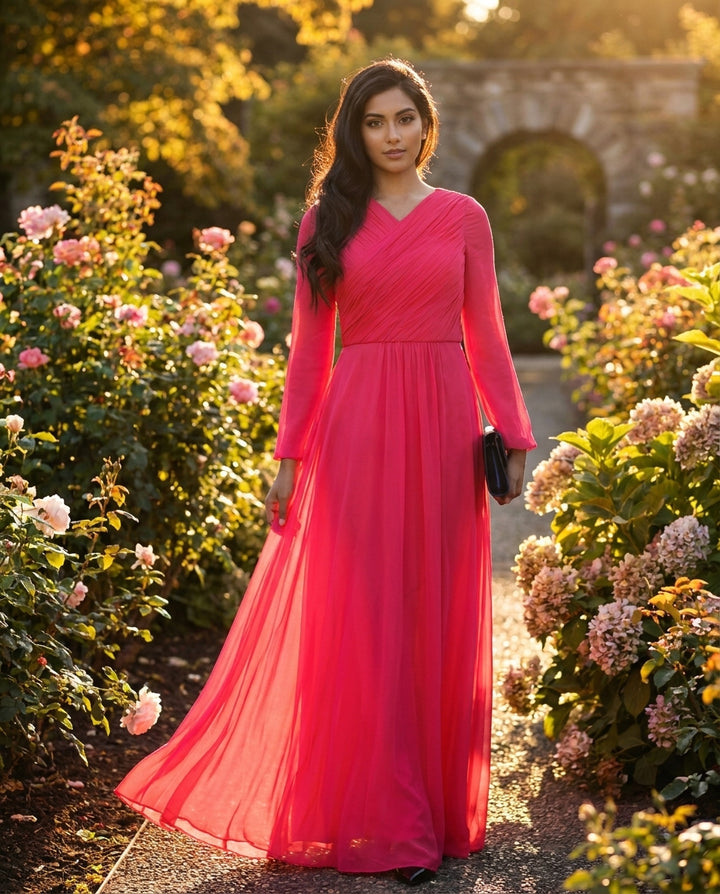 Saba Long Sleeve Silk Chiffon Modest Muslim Formal Evening Dress - Coral Pink - FINAL SALE