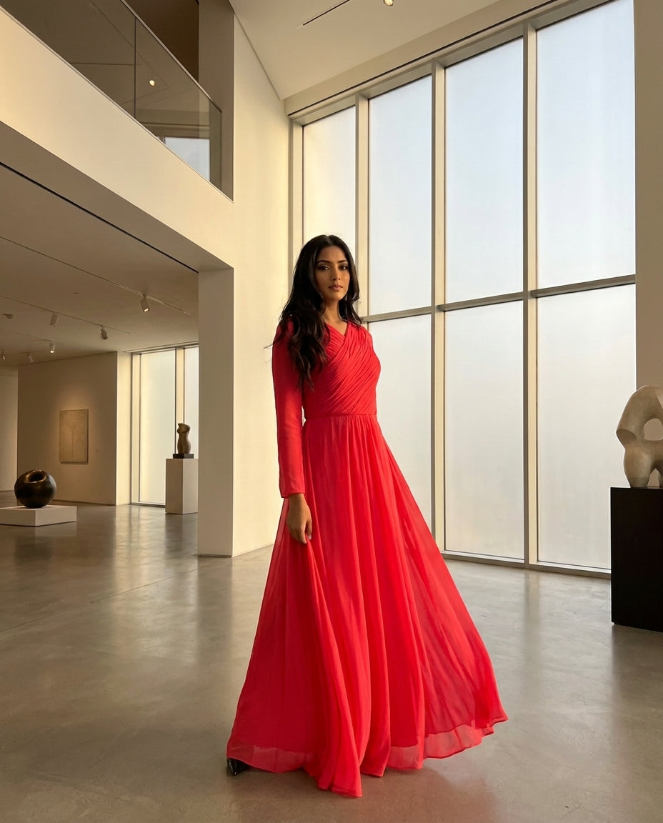 Saba Long Sleeve Silk Chiffon Modest Muslim Formal Evening Dress - Coral Pink - FINAL SALE