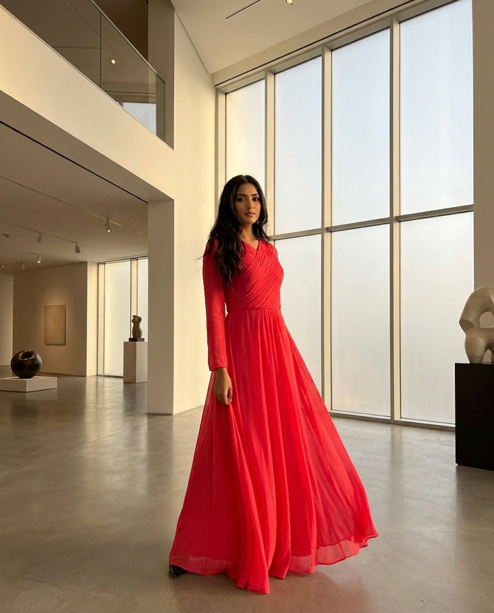 Saba Long Sleeve Silk Chiffon Modest Muslim Formal Evening Dress - Coral Pink - FINAL SALE