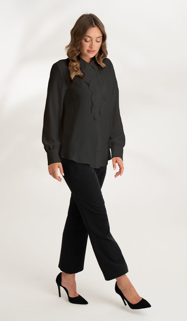 Mona Ruffle Front Button-down Shirt - Black
