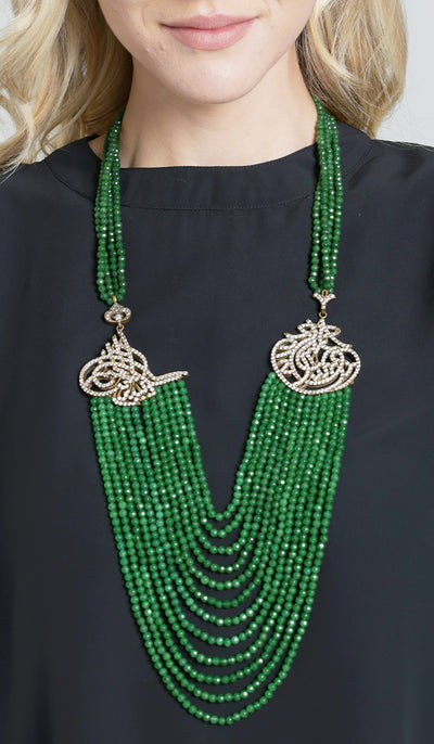 Multistrand Allah / Ottoman Seal Artisan Necklace - Green Jade