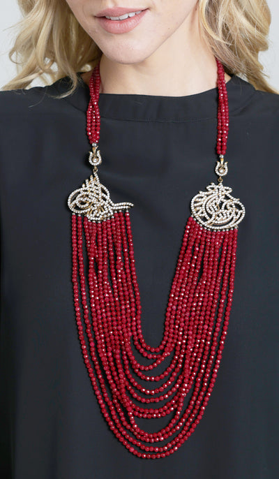 Multistrand Allah / Ottoman Seal Artisan Necklace - Red Jade