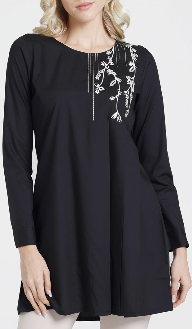 Munira Embroidered Mostly Cotton Modest Tunic - Black - PREORDER (ships in 2 weeks)