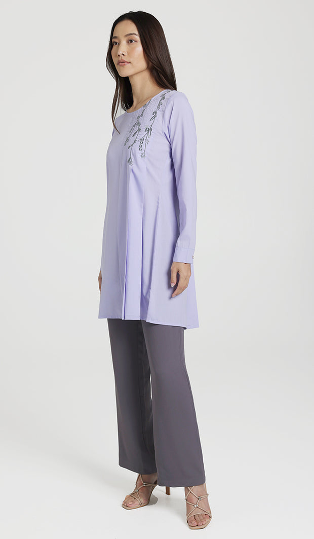 Munira Embroidered Mostly Cotton Modest Tunic - Lavender - PREORDER (ships in 2 weeks)