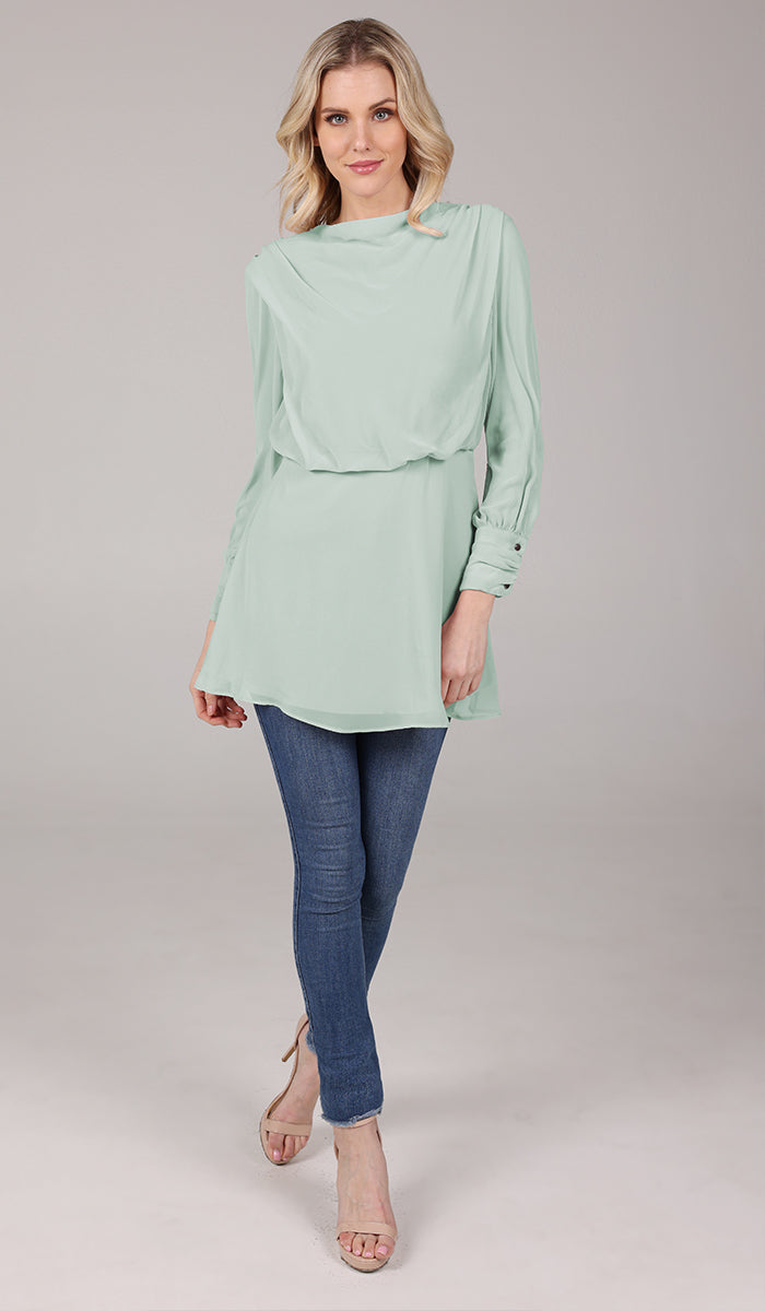 Myra Modest Chiffon Tunic Dress-Light Green| Muslim Clothing | Artizara USA 14 (XXL)/46 in.(117 cm)Garment Chest Myra Modest Chiffon Tunic Dress-Light Green| Muslim Clothing | Artizara USA 14 (XXL)/46 in.(117 cm)Garment Chest