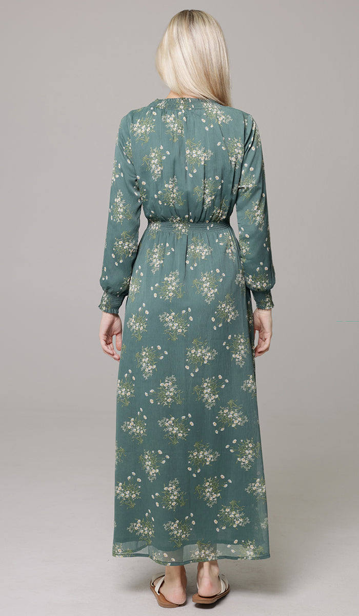 Nadia Smocked Print Chiffon Modest Long Maxi Dress - Jade Floral