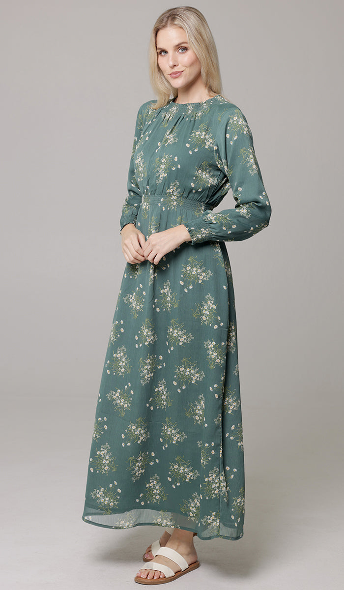 Nadia Smocked Print Chiffon Modest Long Maxi Dress - Jade Floral