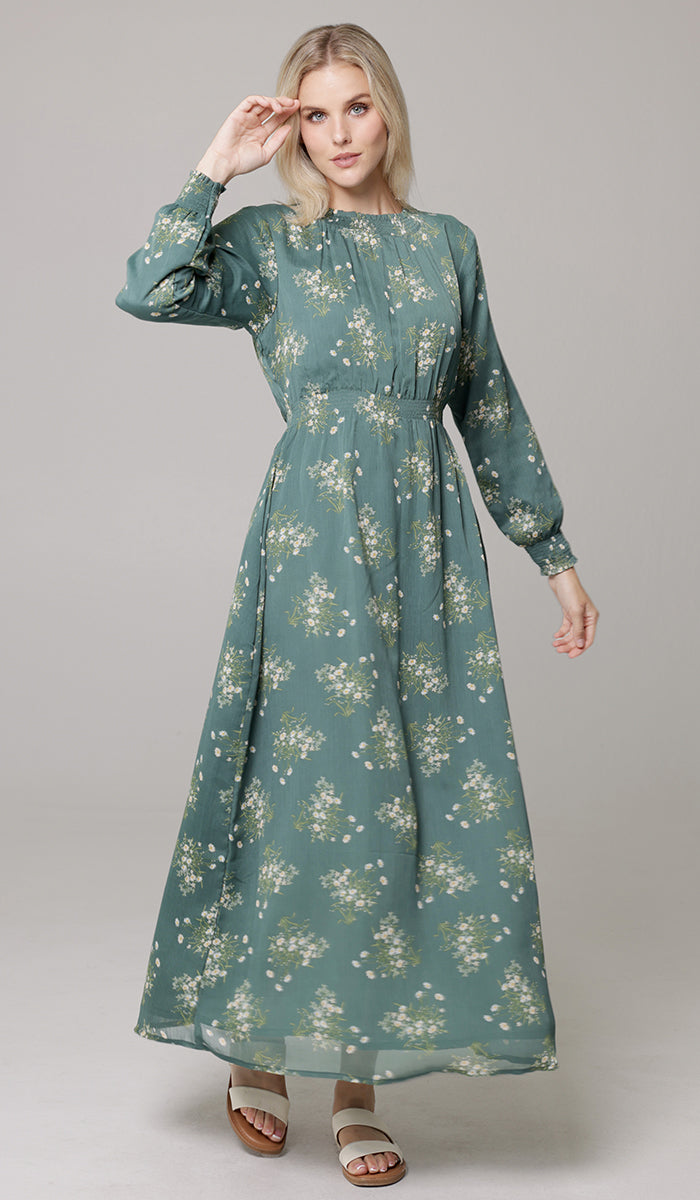 Nadia Smocked Print Chiffon Modest Long Maxi Dress - Jade Floral