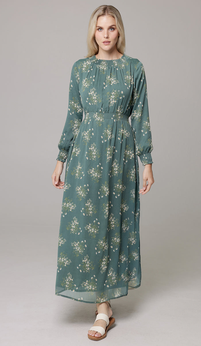 Nadia Smocked Print Chiffon Modest Long Maxi Dress - Jade Floral