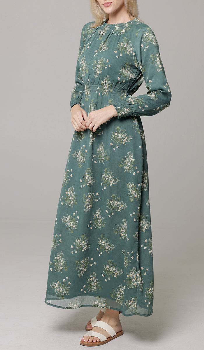 Nadia Smocked Print Chiffon Modest Long Maxi Dress - Jade Floral