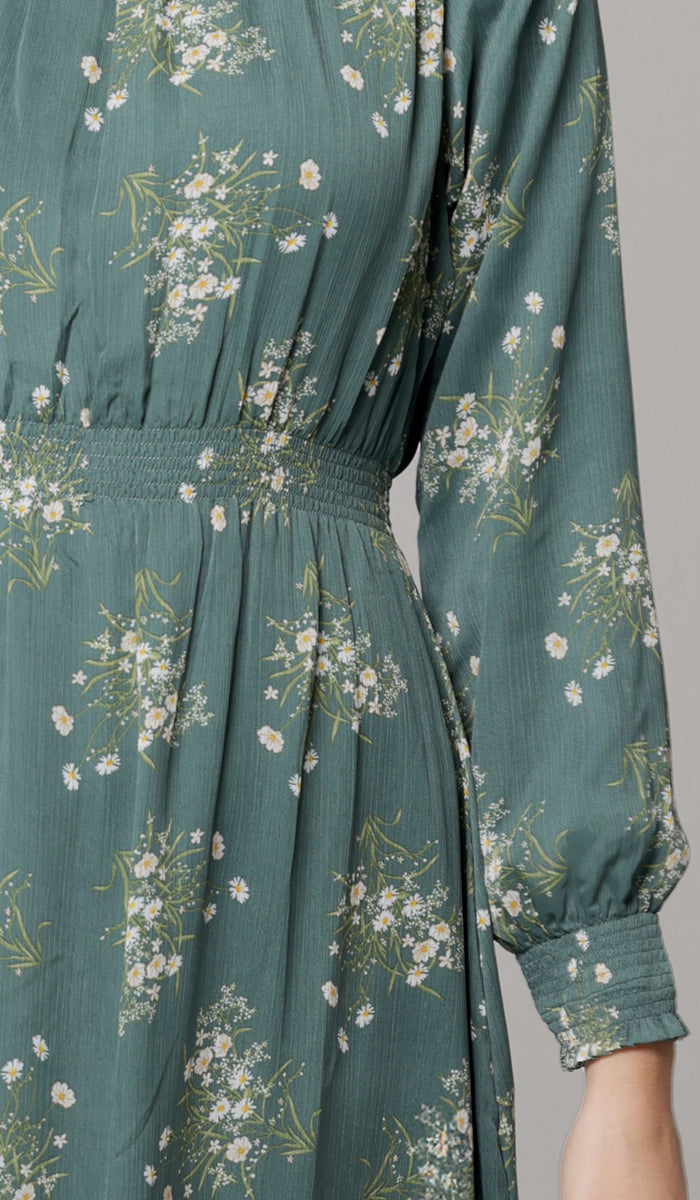 Nadia Smocked Print Chiffon Modest Long Maxi Dress - Jade Floral