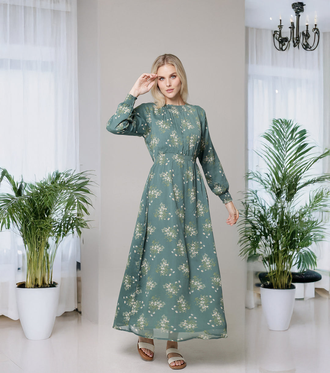 Nadia Smocked Print Chiffon Modest Long Maxi Dress - Jade Floral