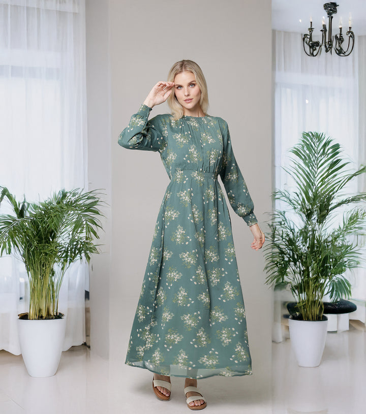 Nadia Smocked Print Chiffon Modest Long Maxi Dress - Jade Floral