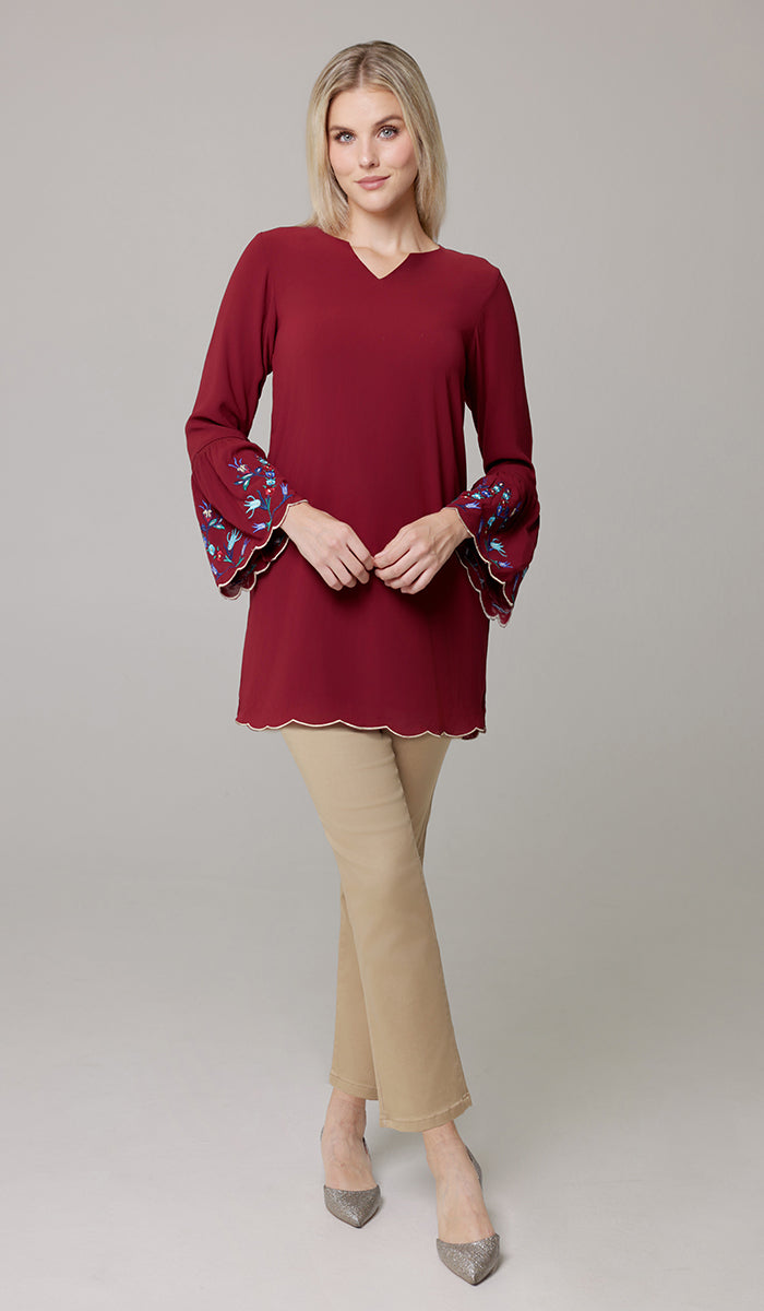 Nahar Embroidered Long Modest Tunic - Ruby/Gold