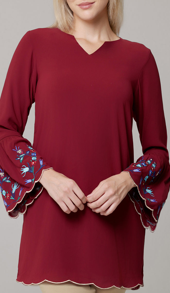 Nahar Embroidered Long Modest Tunic - Ruby/Gold