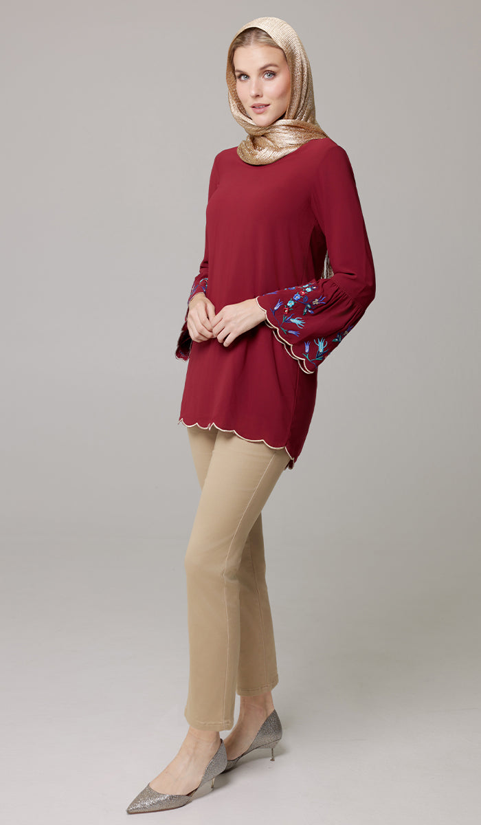 Nahar Embroidered Long Modest Tunic - Ruby/Gold