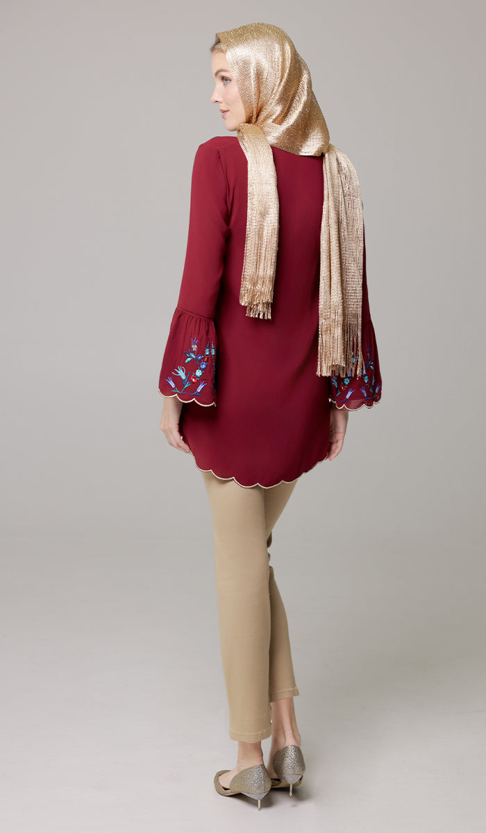 Nahar Embroidered Long Modest Tunic - Ruby/Gold