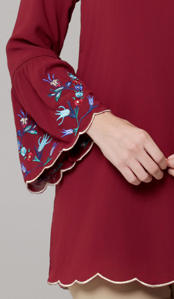 Nahar Embroidered Long Modest Tunic - Ruby/Gold