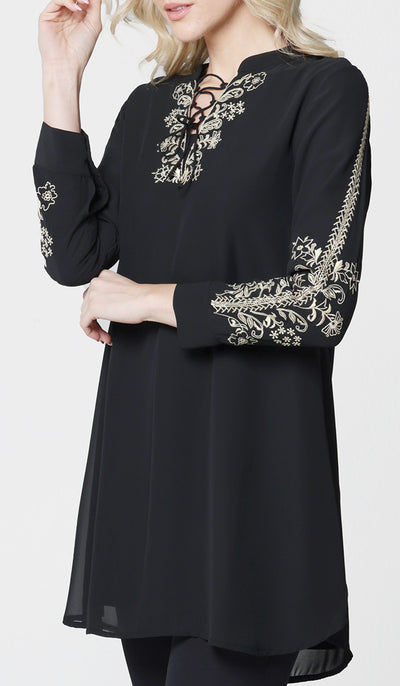 Nahid Embroidered Long Modest Tunic - Black - PREORDER (ships in 2 weeks)