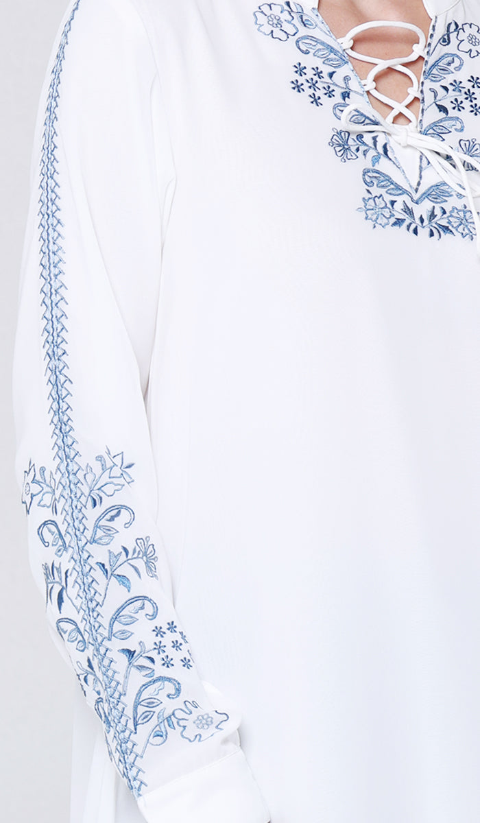 Nahid Embroidered Long Modest Tunic - White