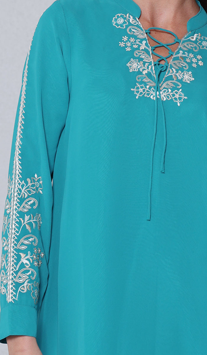 Nahid Embroidered Long Modest Tunic - Turquoise