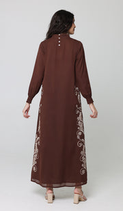 Nyla Modest Long Formal Gold Embellished Maxi Dress - Cocoa - PREORDER (ships in 2 weeks)