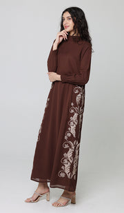 Nyla Modest Long Formal Gold Embellished Maxi Dress - Cocoa - PREORDER (ships in 2 weeks)